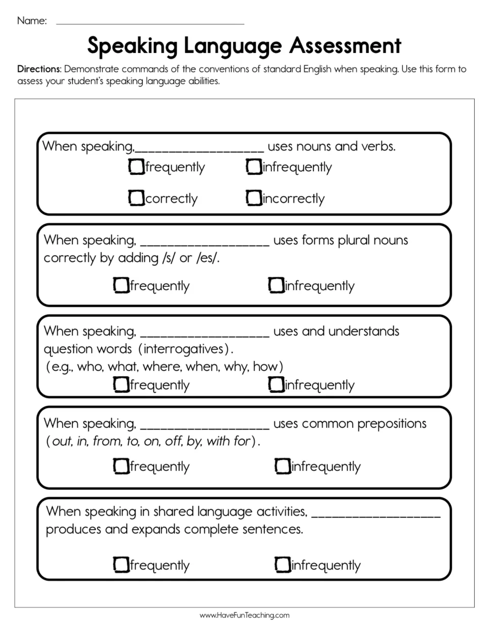 Speaking assessment form: nouns and verbs, plural nouns, question words, prepositions, and complete sentences