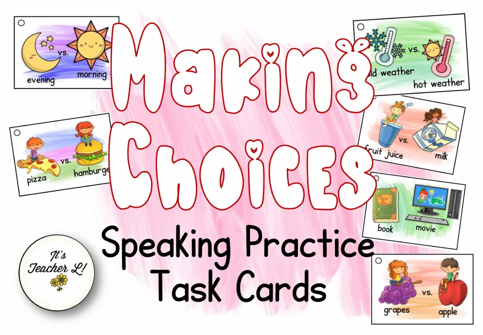 Speaking practice task card cover showing choices such as evening or morning, pizza or hamburger, and book or movie