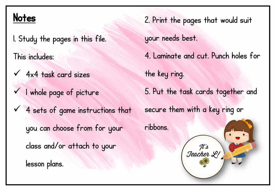 Preparation notes for the speaking cards: select pages, print, laminate, cut, and secure with a key ring or ribbons