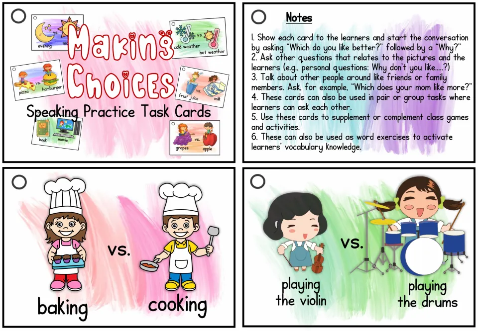 First speaking card sheet: small cover, teaching notes, baking versus cooking, and playing violin versus drums