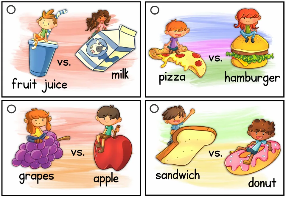 Speaking cards 7–10: fruit juice or milk, pizza or hamburger, grapes or apple, and sandwich or donut