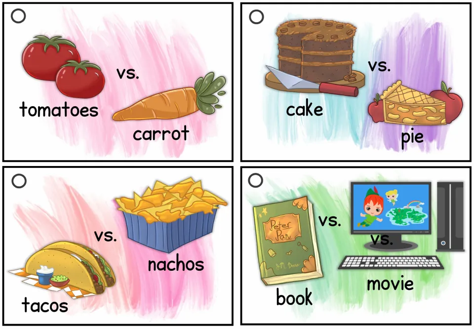 Speaking cards 11–14: tomatoes or carrot, cake or pie, tacos or nachos, and book or movie preferences