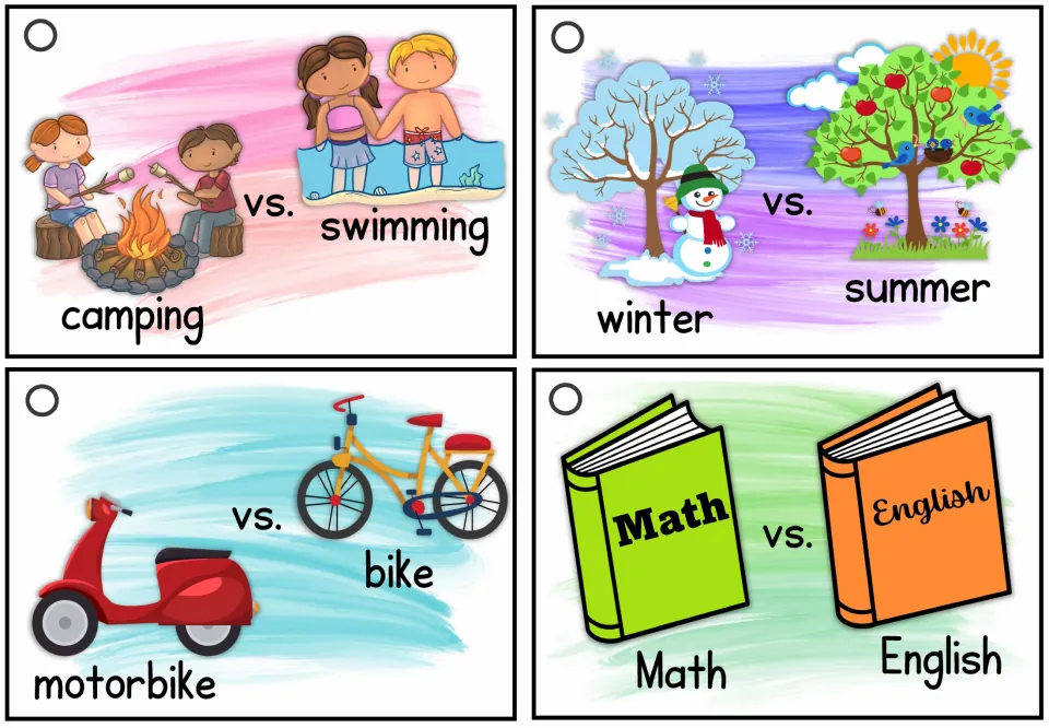 Speaking cards 15–18: camping or swimming, winter or summer, motorbike or bike, and math or English
