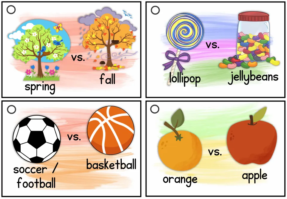 Speaking cards 19–22: spring or fall, lollipop or jellybeans, soccer/football or basketball, and orange or apple