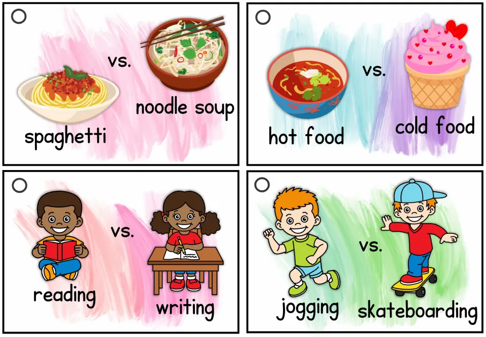 Speaking cards 23–26: spaghetti or noodle soup, hot or cold food, reading or writing, and jogging or skateboarding