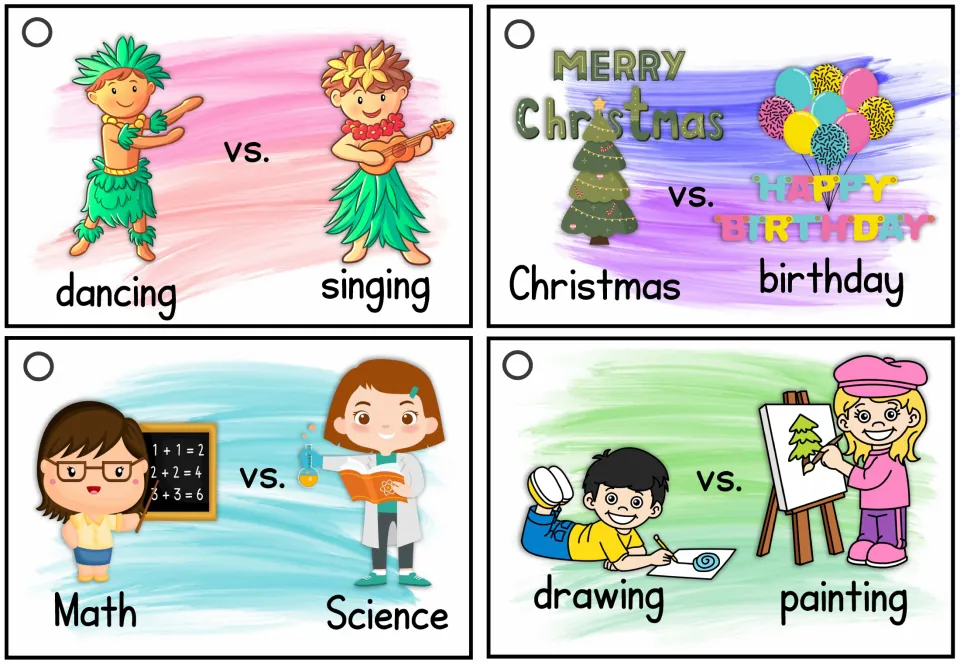 Speaking cards 27–30: dancing or singing, Christmas or birthday, math or science, and drawing or painting