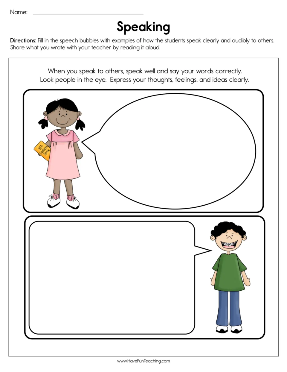 Speaking practice sheet: fill two speech bubbles with examples of clear speech, then read them aloud to a teacher.