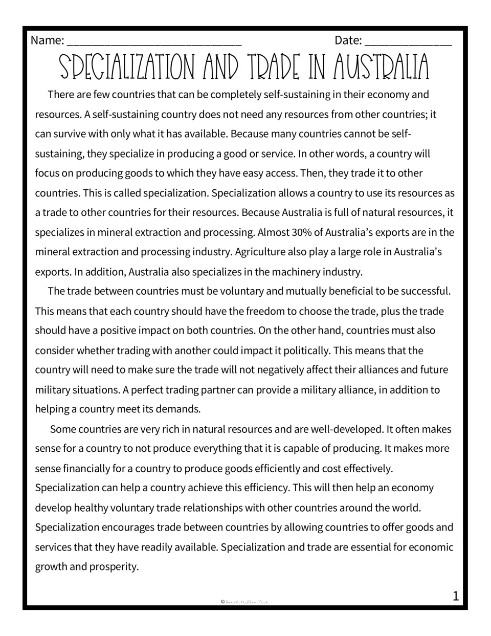 Reading passage on Australia's economy: why countries specialize, mineral and farm exports, and voluntary, fair trade