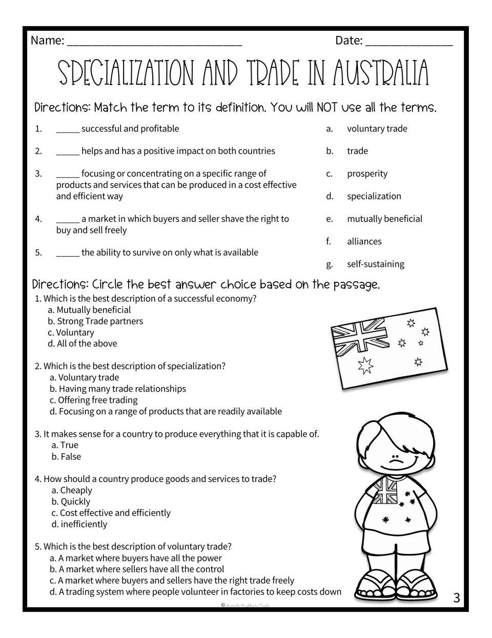 Economics vocabulary and comprehension: match 5 definitions to terms like prosperity, then answer 5 multiple-choice items