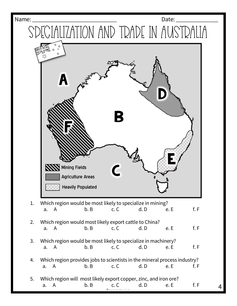 Australia map reading: students use a legend of mining, farming and populated regions A to F to answer 5 trade questions