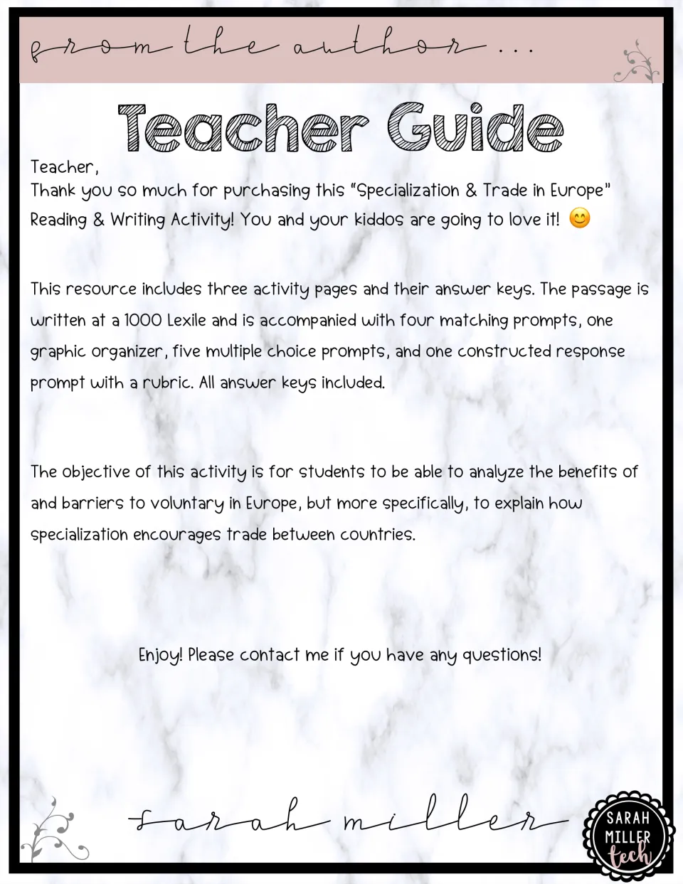 Teacher guide: author note listing a 1000 Lexile passage, matching, graphic organizer, multiple choice and rubric
