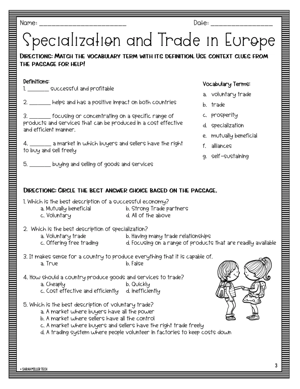 Vocabulary and comprehension: students match 5 trade terms to definitions, then answer 5 multiple-choice passage questions