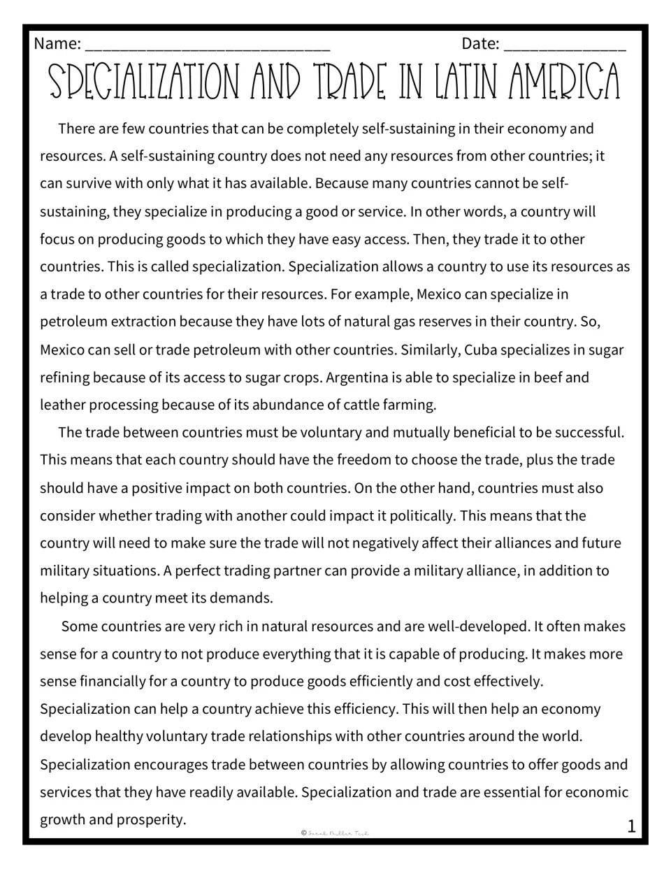 Reading passage on specialization, voluntary trade, and resources in Mexico, Cuba, and Argentina