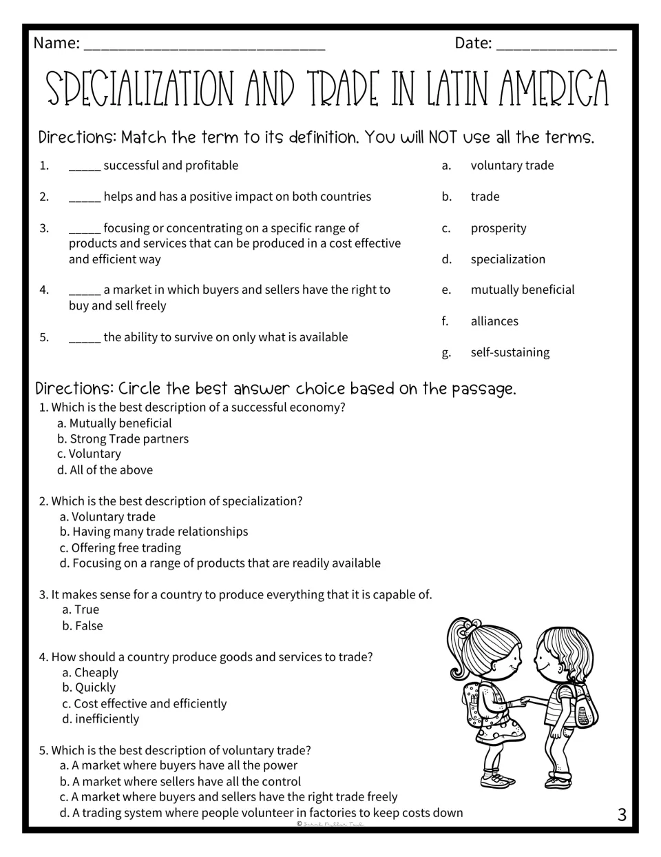 Vocabulary and comprehension practice on specialization and trade: five matching and five choice questions