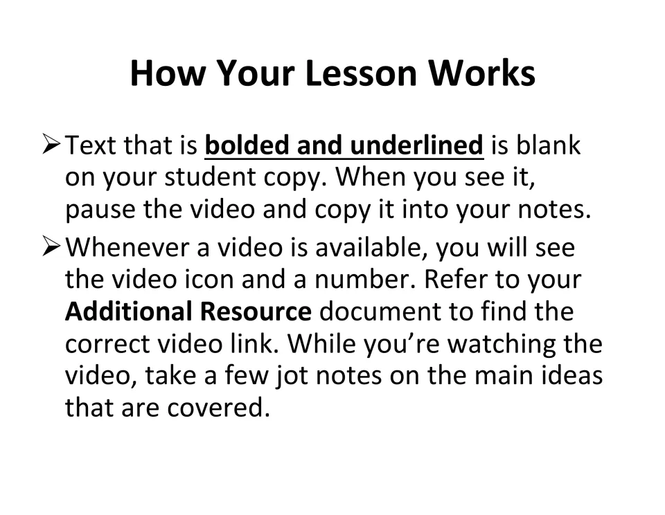 How Your Lesson Works: students copy bolded, underlined text into notes and use each video icon's number to find its link