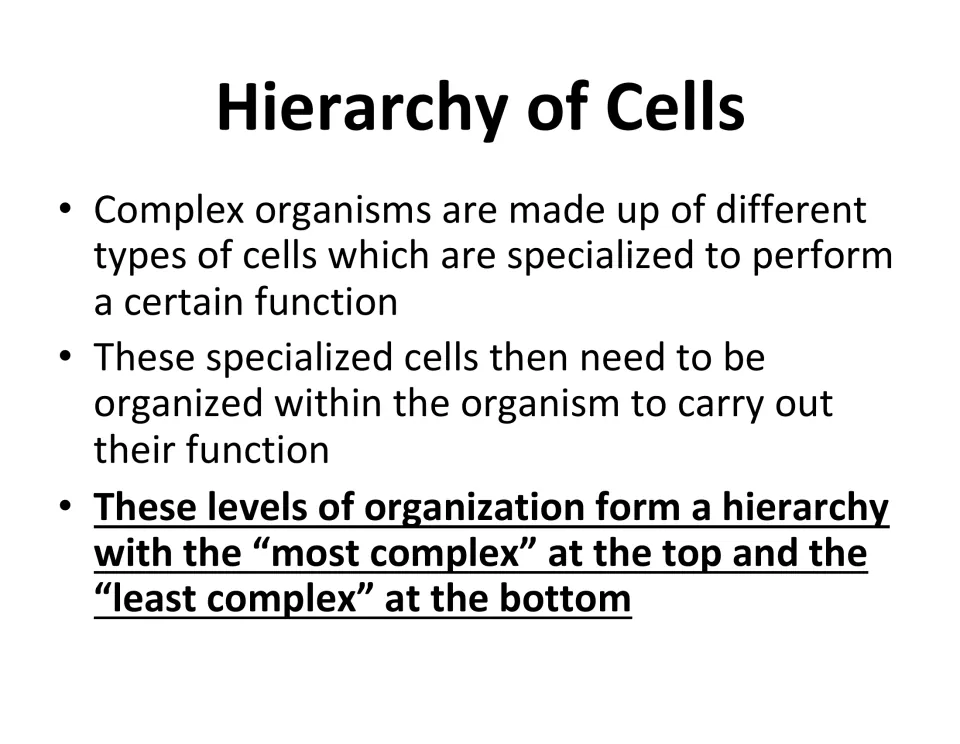 Hierarchy of Cells: complex organisms have specialized cells organized into levels from most to least complex