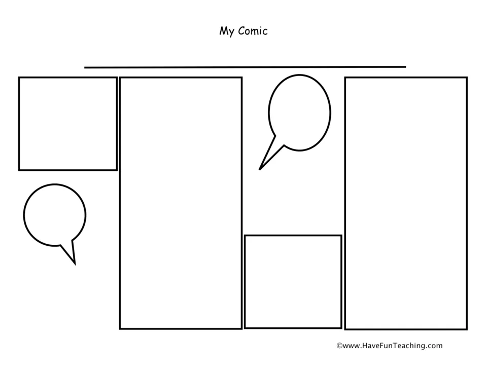 Comic strip writing template titled 'My Comic' for creating a story with drawings and two speech bubbles.