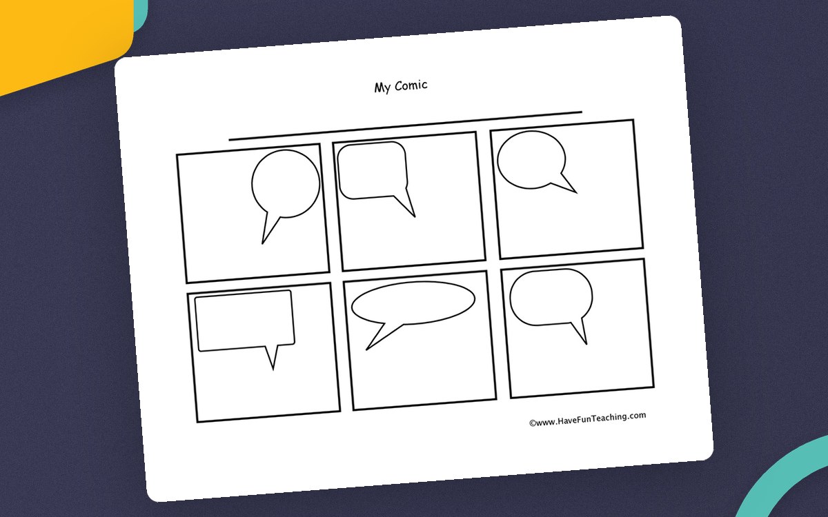 Black-and-white My Comic worksheet with six empty panels containing varied speech-bubble shapes.