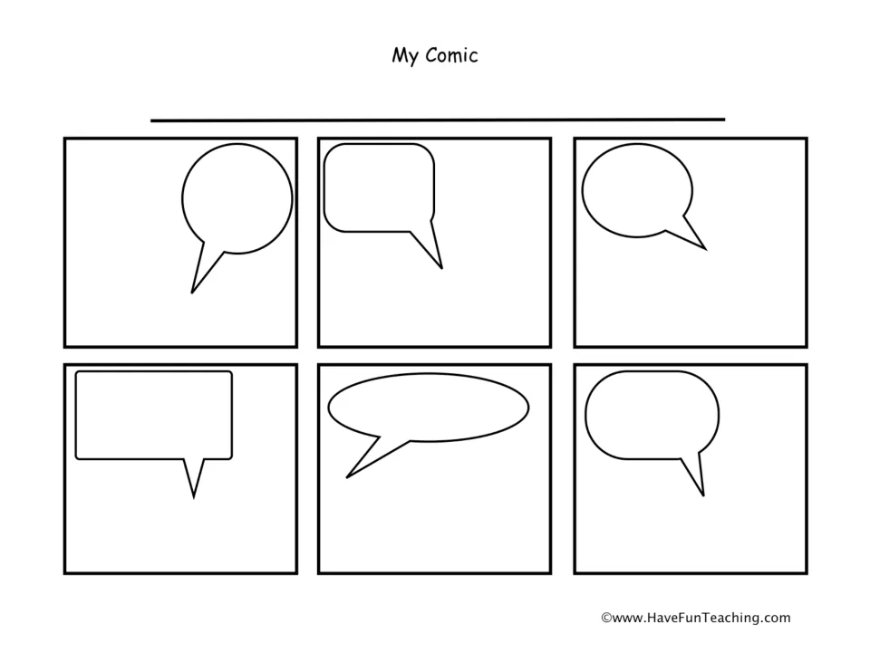 My Comic story template: students write a title, draw six scenes and add dialogue in a blank speech bubble for each one