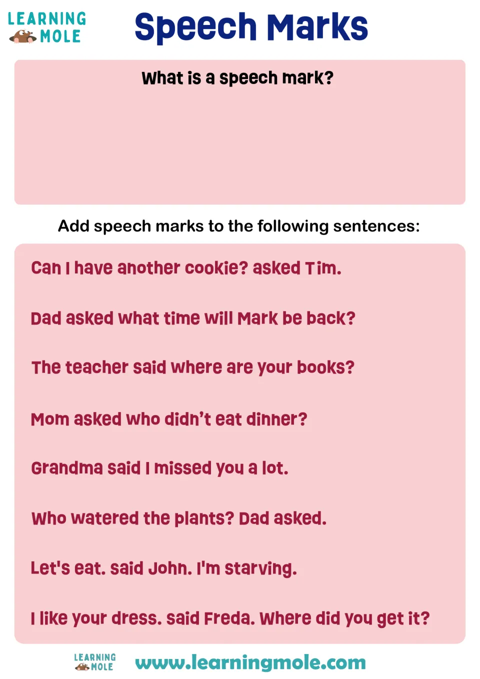 Speech marks practice: students explain what a speech mark is, then add speech marks to 8 sentences of spoken dialogue