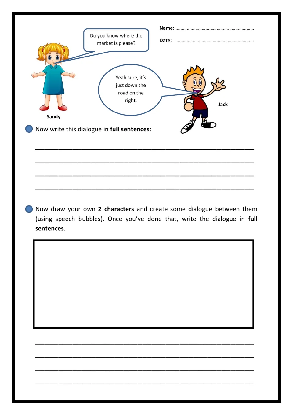 Speech marks: students rewrite Sandy and Jack's speech bubbles as sentences, then draw two characters and write dialogue