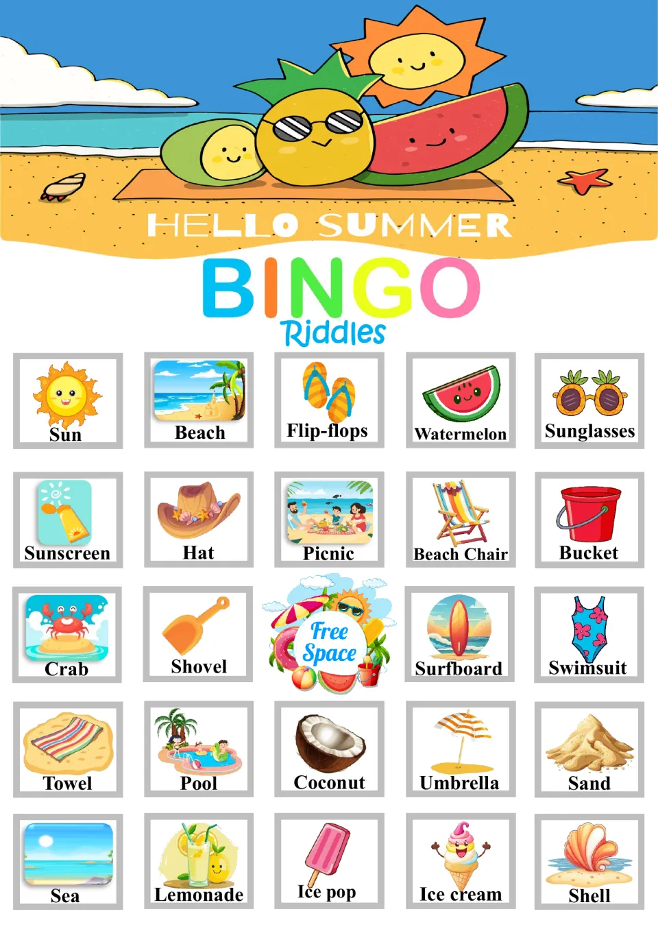 Hello Summer Bingo Riddles board 1: 24 picture-word summer squares and a free space, top row Sun, Beach, Flip-flops