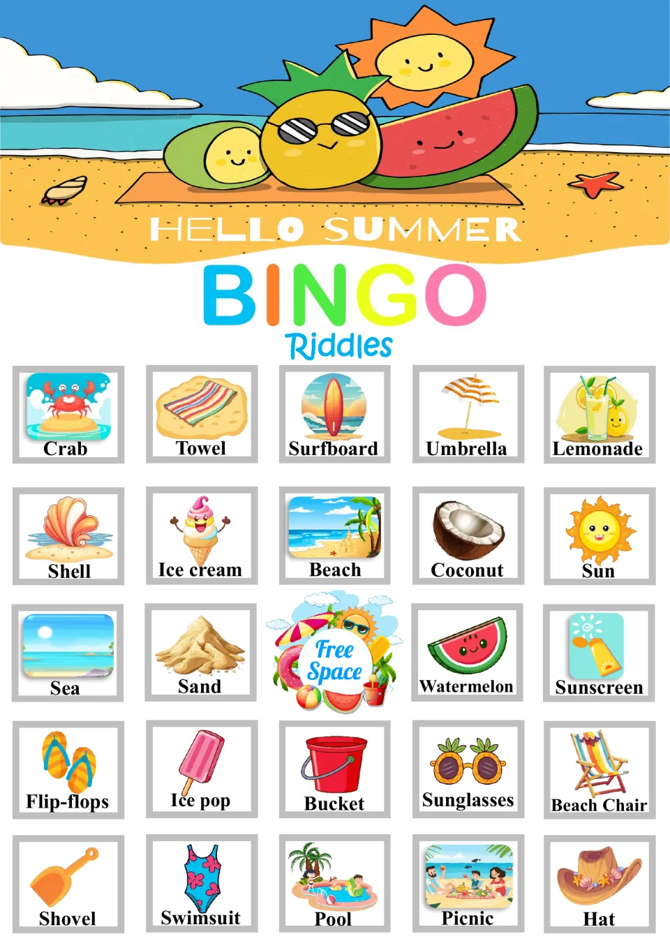 Summer bingo board 2: pictured beach and treat words in a new order with a free space, top row Crab, Towel, Surfboard