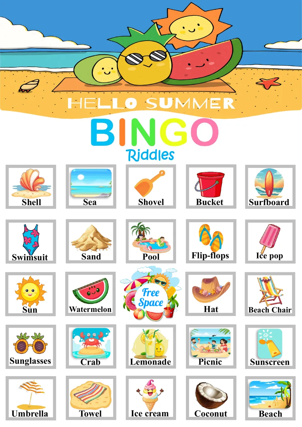 Summer bingo board 3: students mark the pictured word that solves each riddle; top row Shell, Sea, Shovel, Bucket