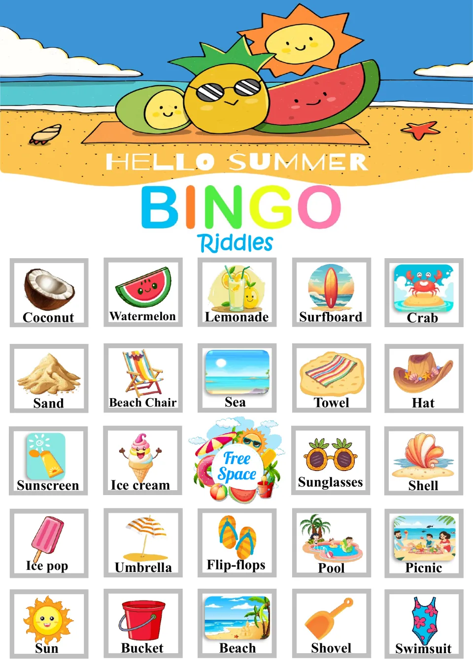 Summer bingo board 4 with labeled pictures such as Coconut, Watermelon, Lemonade and Crab across the top row