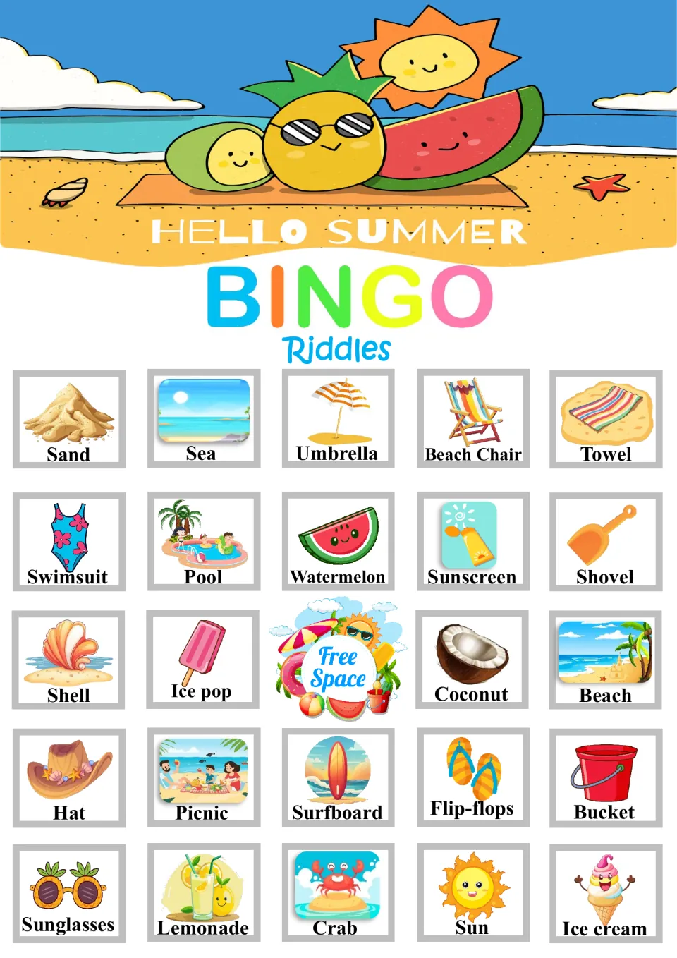 Summer bingo board 5: beach vocabulary pictures to cover when a riddle is solved; top row Sand, Sea, Umbrella, Towel