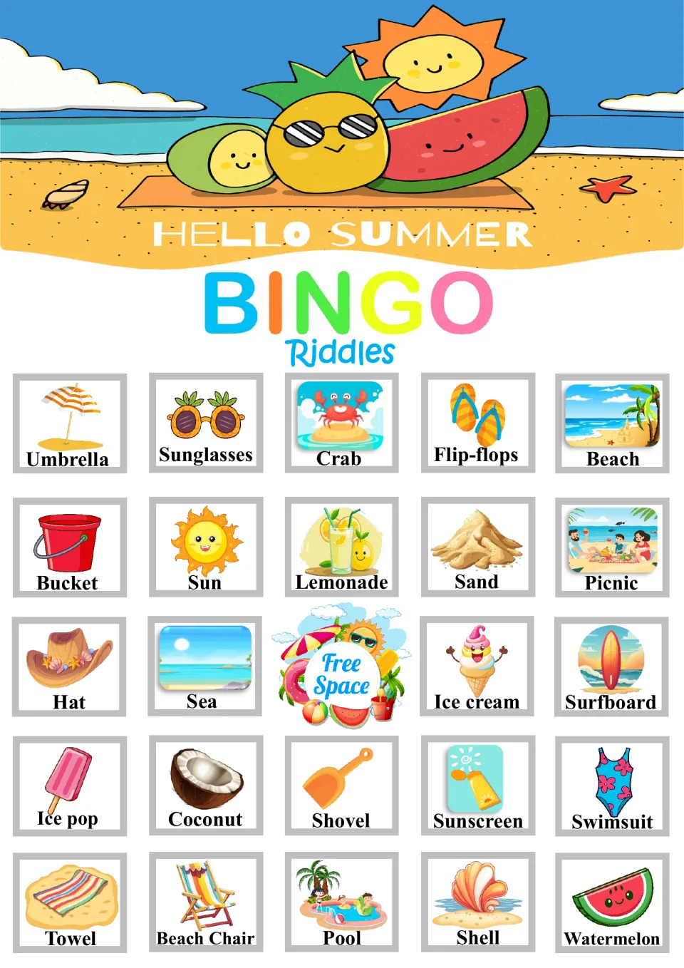 Summer bingo board 6 with a free space center; top row Umbrella, Sunglasses, Crab, Flip-flops and Beach