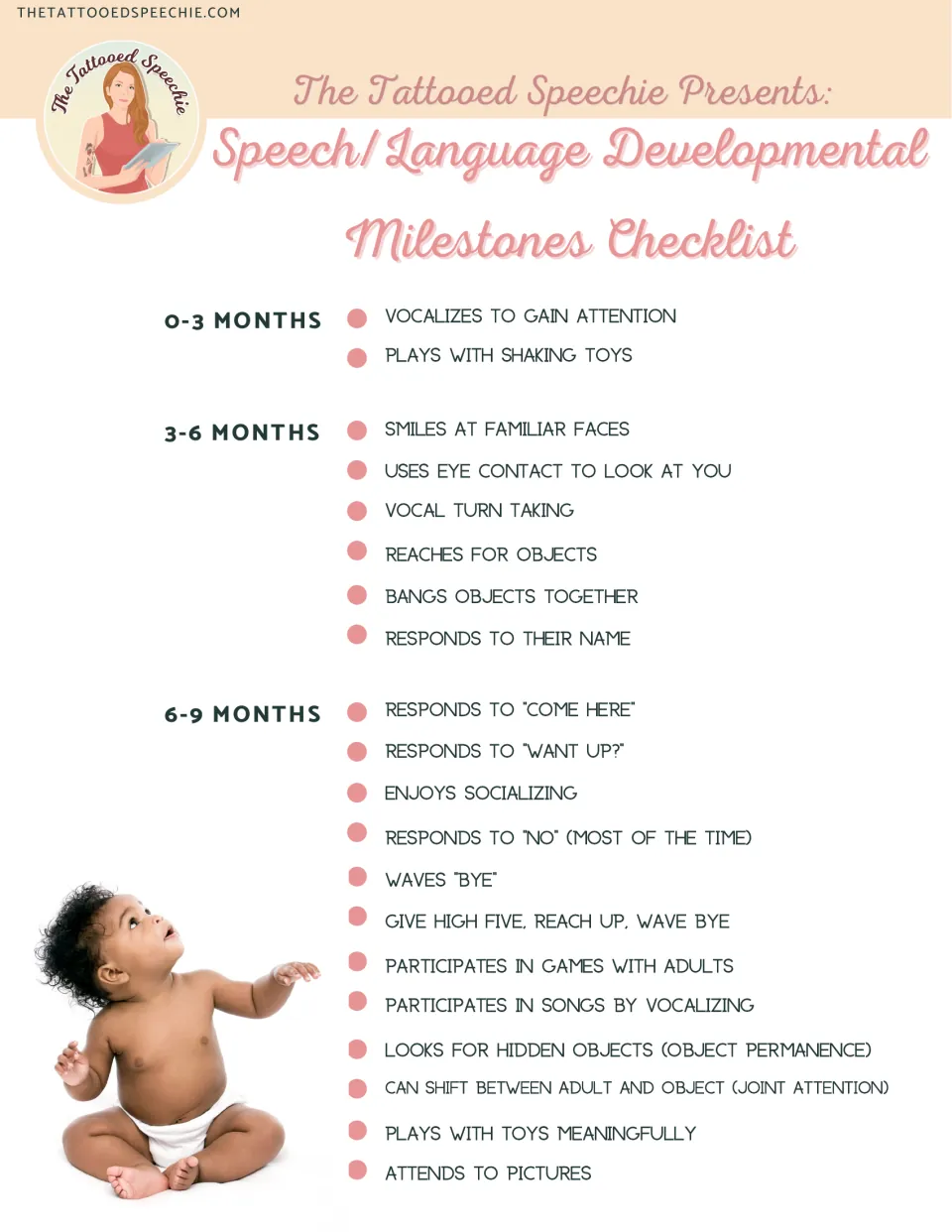 Speech and language milestones from 0 to 9 months, such as vocal turn taking, waving bye and object permanence
