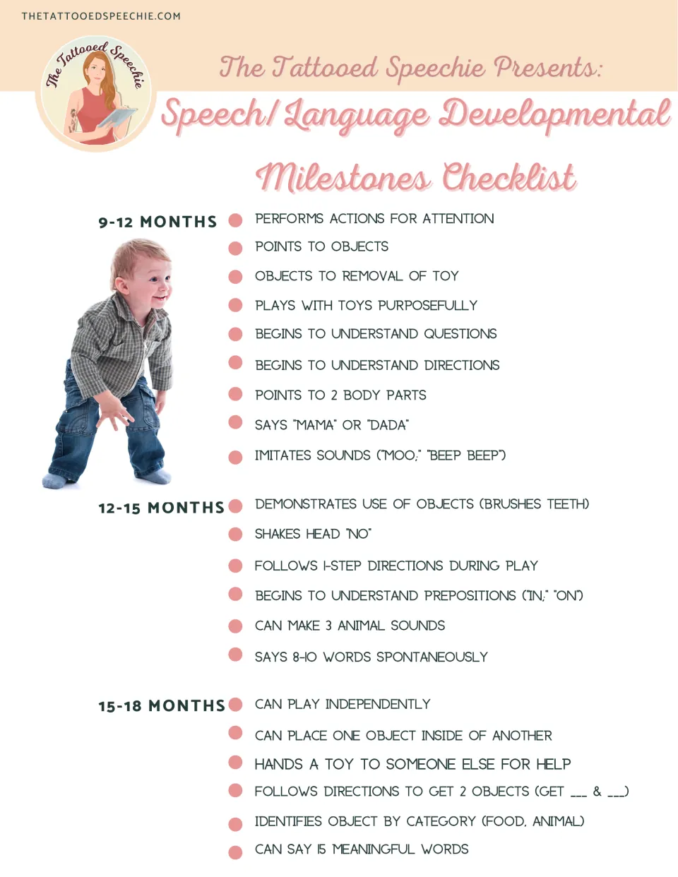 Milestones for 9 to 18 months, from pointing and saying mama or dada to following 1-step directions and saying 15 words