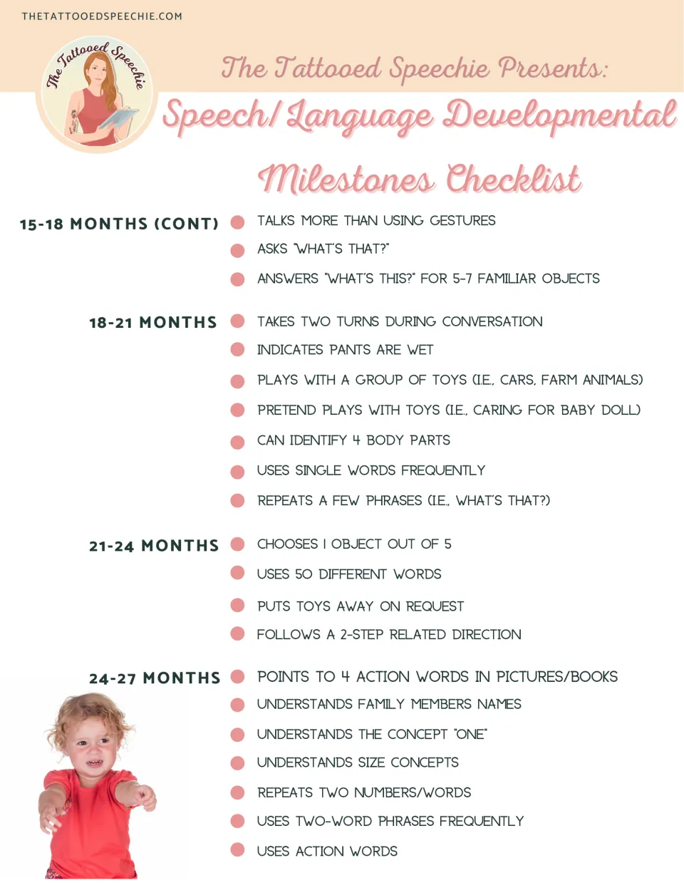 Milestones for 15 to 27 months: asking what's that, pretend play, using 50 words, following 2-step directions