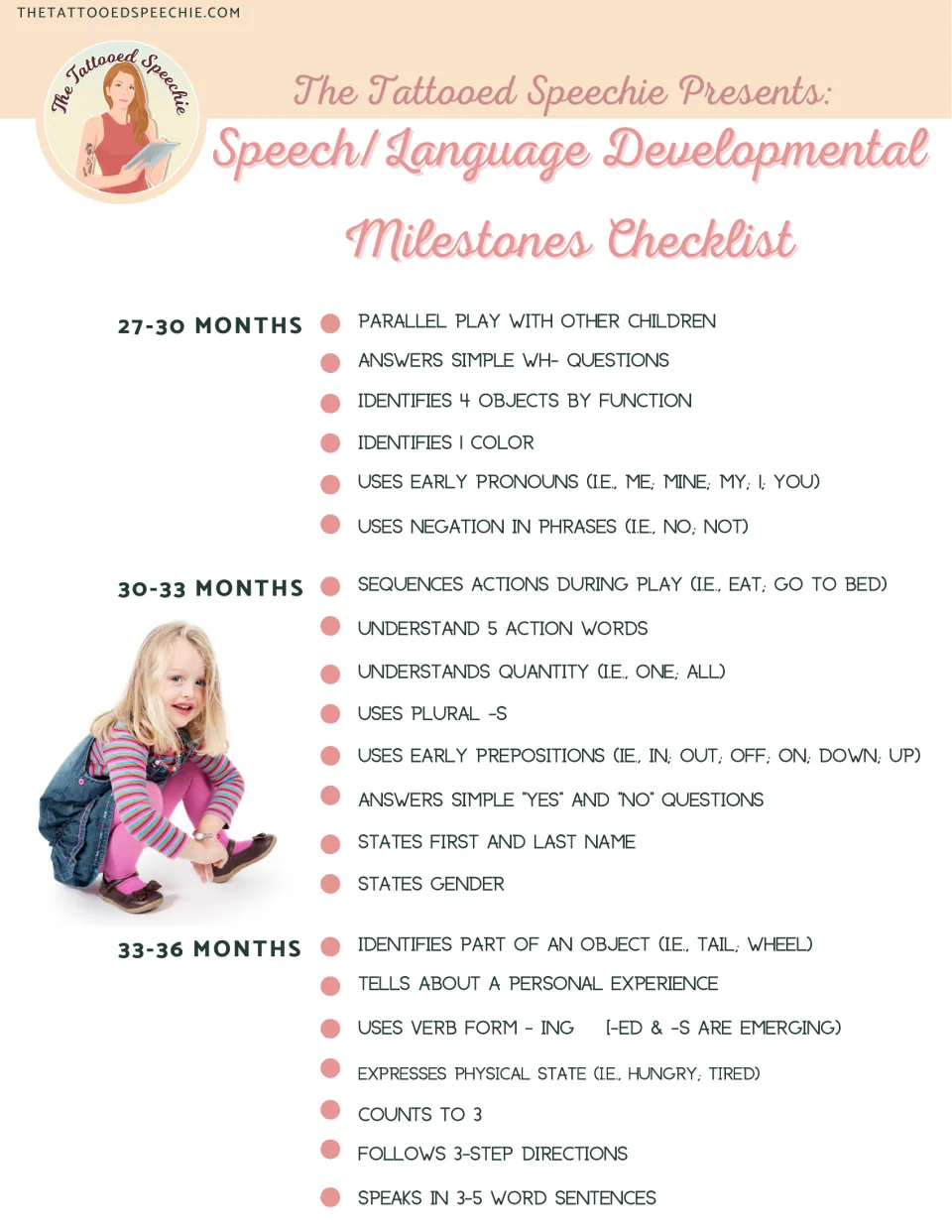 Milestones for 27 to 36 months: answering WH- questions, early pronouns, plural -s, 3-step directions, 3-5 word sentences
