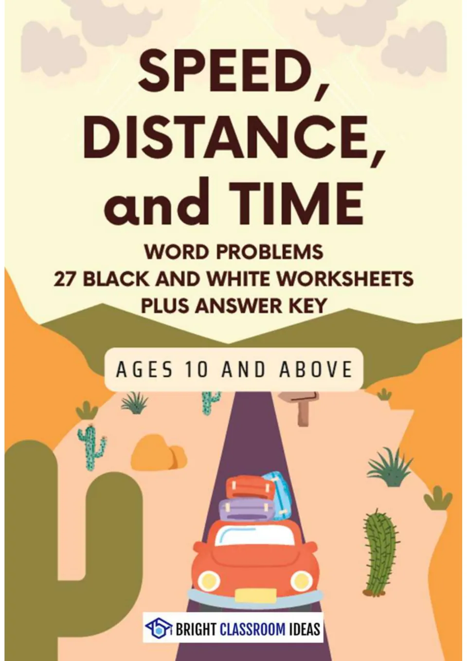 Cover for a speed, distance, and time packet advertising 27 black-and-white worksheets plus an answer key