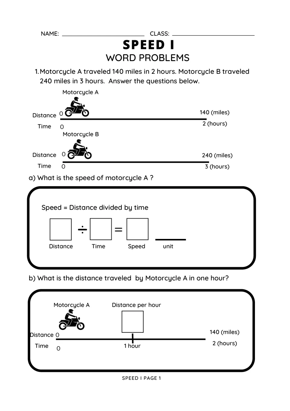 Speed I, page 1: compare motorcycle trips of 140 miles in 2 hours and 240 miles in 3 hours; find A's speed