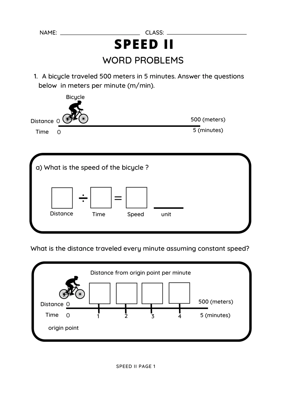 Speed II, page 1: find a bicycle's speed from 500 meters in 5 minutes and distances at each minute