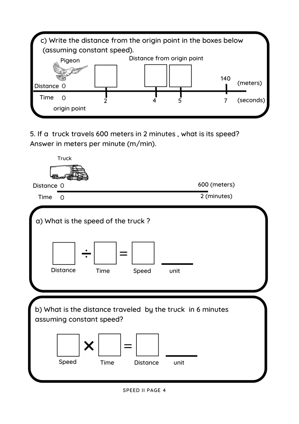 Speed II, page 4: complete pigeon distances and use a truck's 600 meters in 2 minutes to find speed and distance