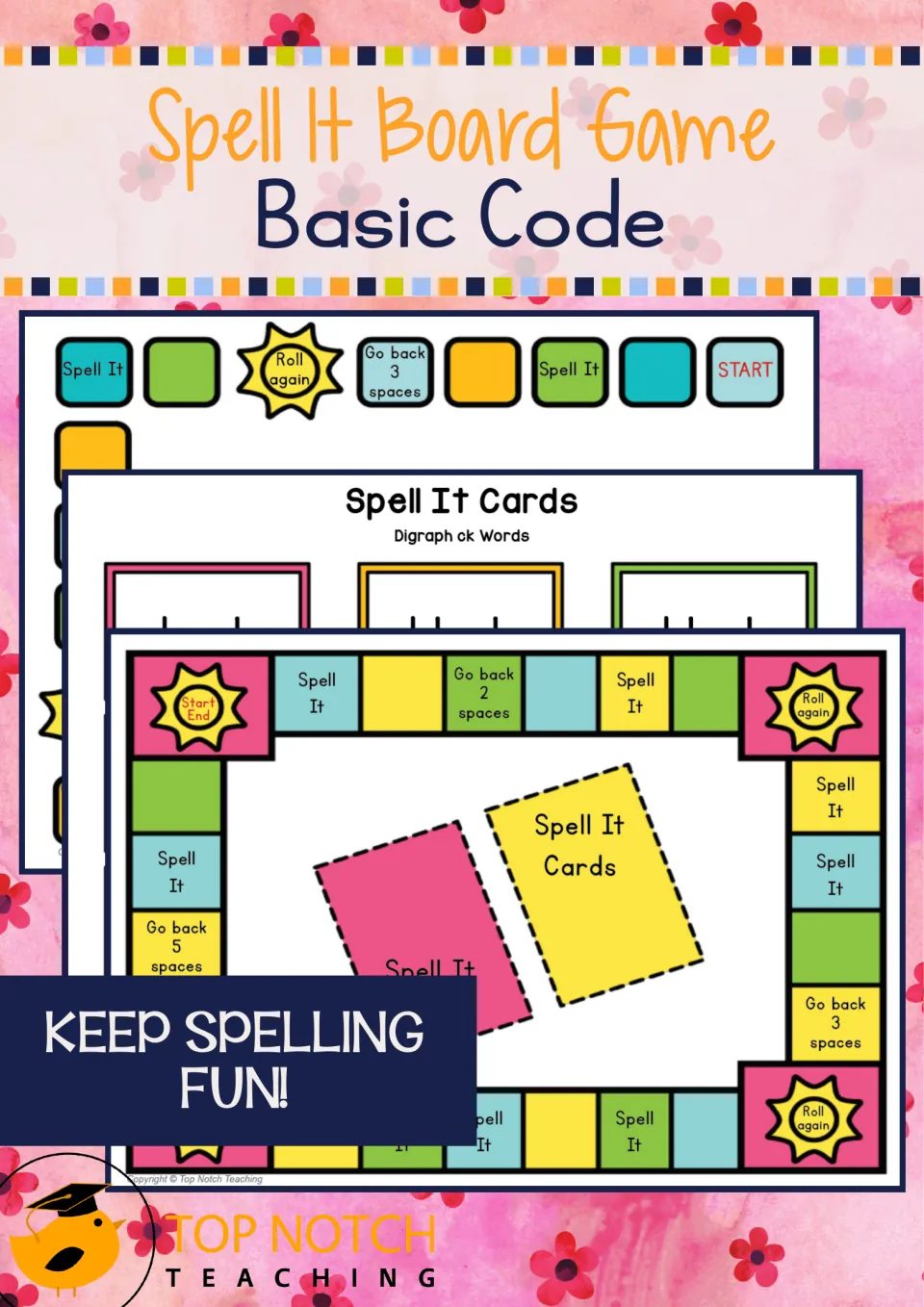 Cover of Spell It Board Game with Basic Code, showing two game boards and a sample spelling card sheet