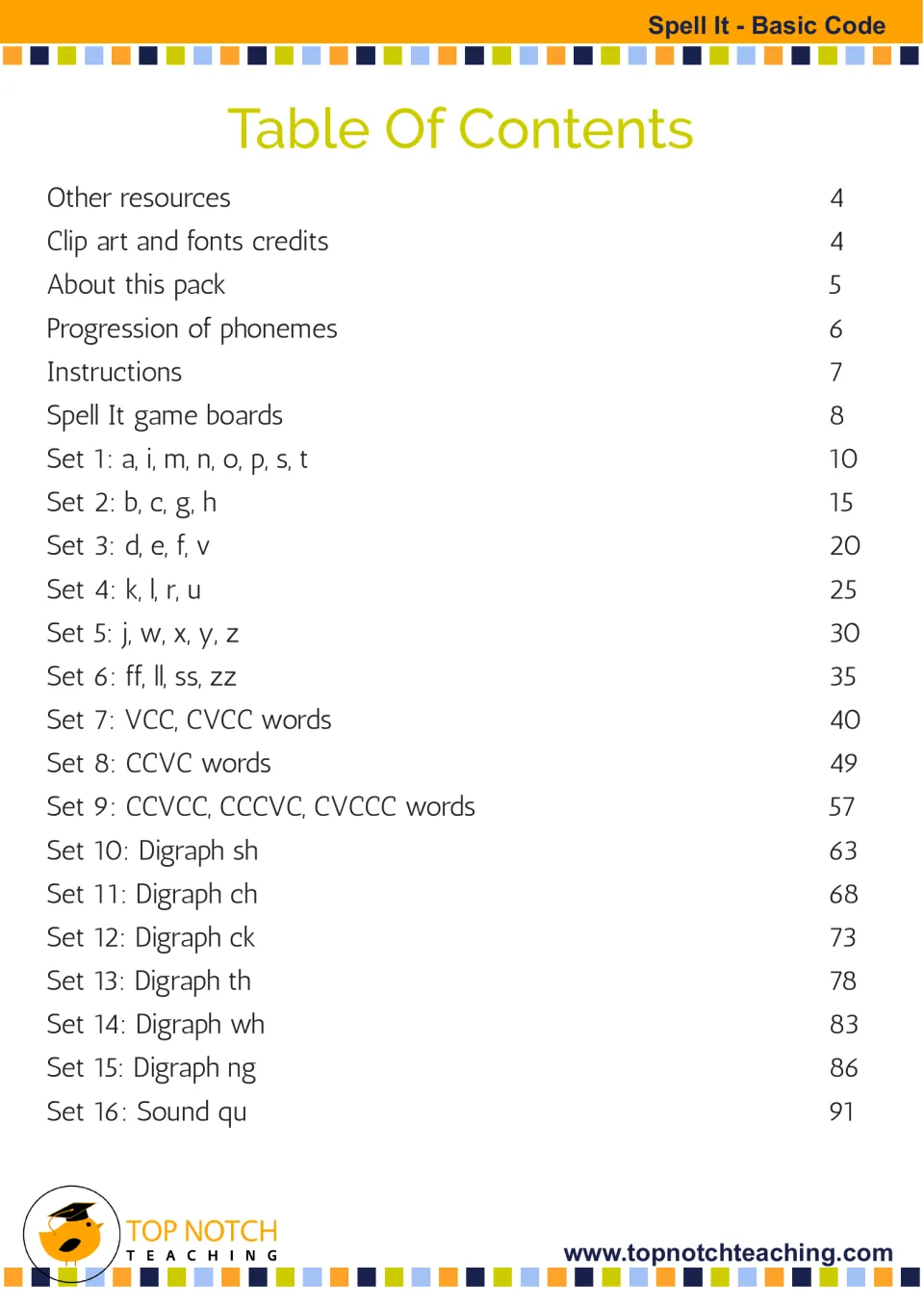 Table of contents for the spelling game, listing instructions, game boards, and 16 progressive word sets