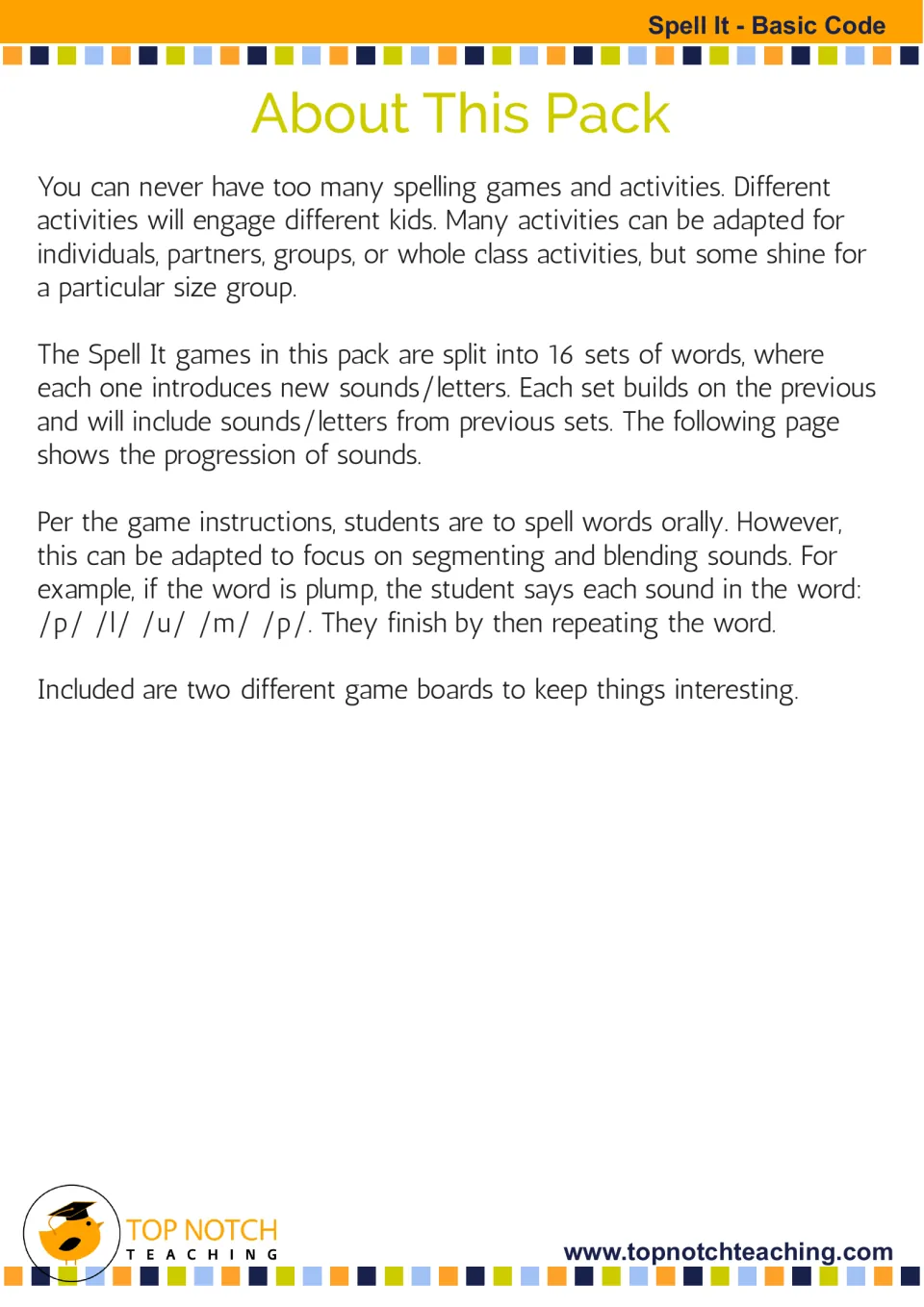 About This Pack explains 16 cumulative word sets, oral spelling, and adaptations for segmenting and blending