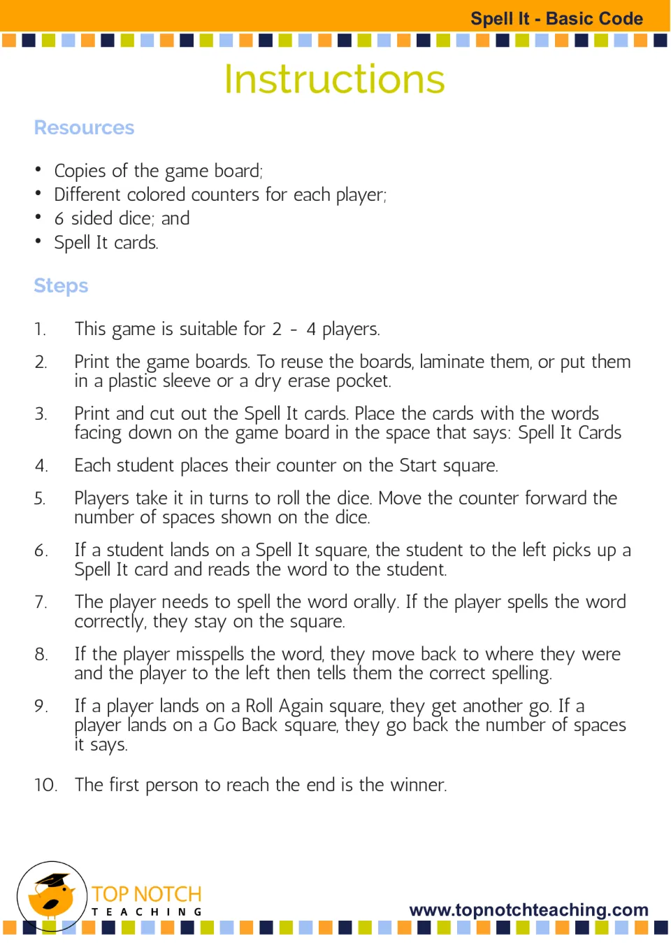 Spelling game instructions for 2–4 players: prepare boards and cards, roll a die, move, and spell words orally