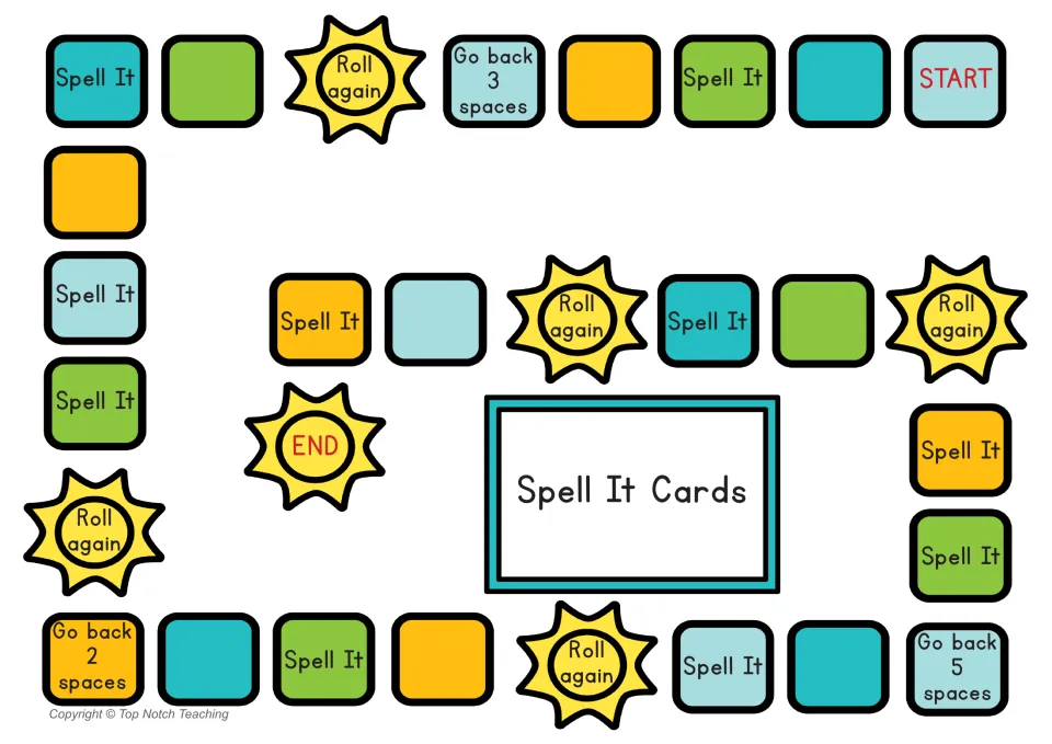 First spelling game board has separate Start and End spaces, Spell It prompts, Roll Again, and Go Back spaces