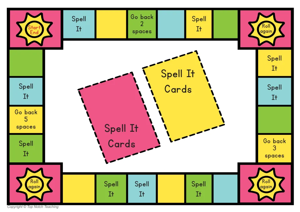 Second spelling game board shares a Start/End space and includes Spell It, Roll Again, and Go Back prompts