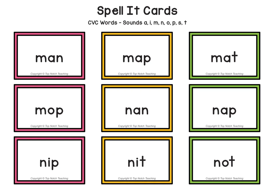 Set 1 spelling cards 1–9 feature the CVC words man, map, mat, mop, nan, nap, nip, nit, and not for oral spelling