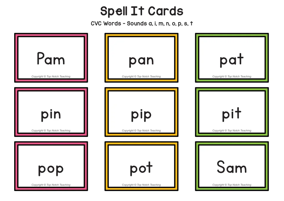 Set 1 spelling cards 10–18 feature the CVC words Pam, pan, pat, pin, pip, pit, pop, pot, and Sam for oral spelling