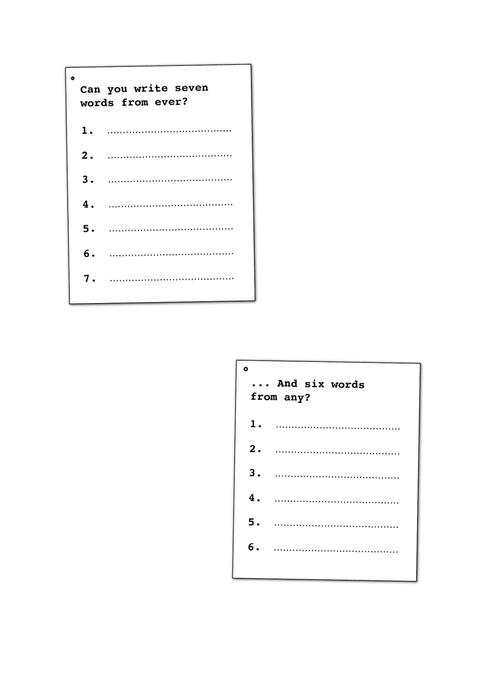 Word building: students write seven words built from ever and six words built from any on numbered lines
