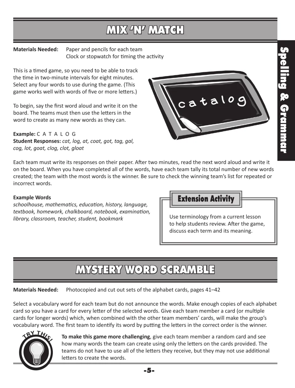 Mix 'N' Match and Mystery Word Scramble: teams build new words from a word's letters, like catalog, and unscramble cards