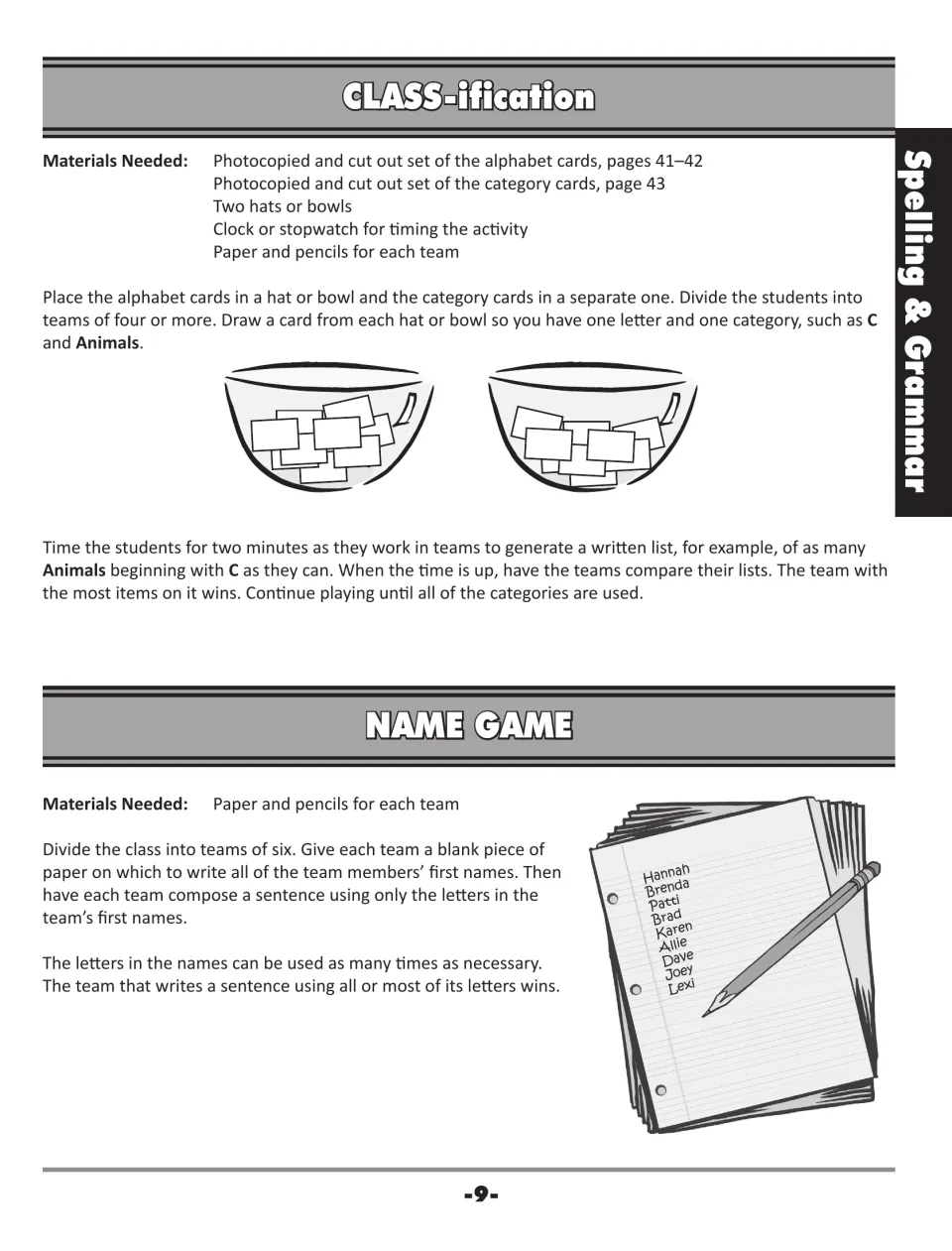 CLASS-ification and Name Game: teams list words for a drawn letter and category, then write a sentence from their names